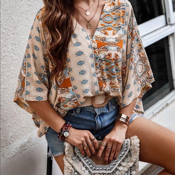 Boho paisley Print Batwing Top Blouse - Picture 4 of 7